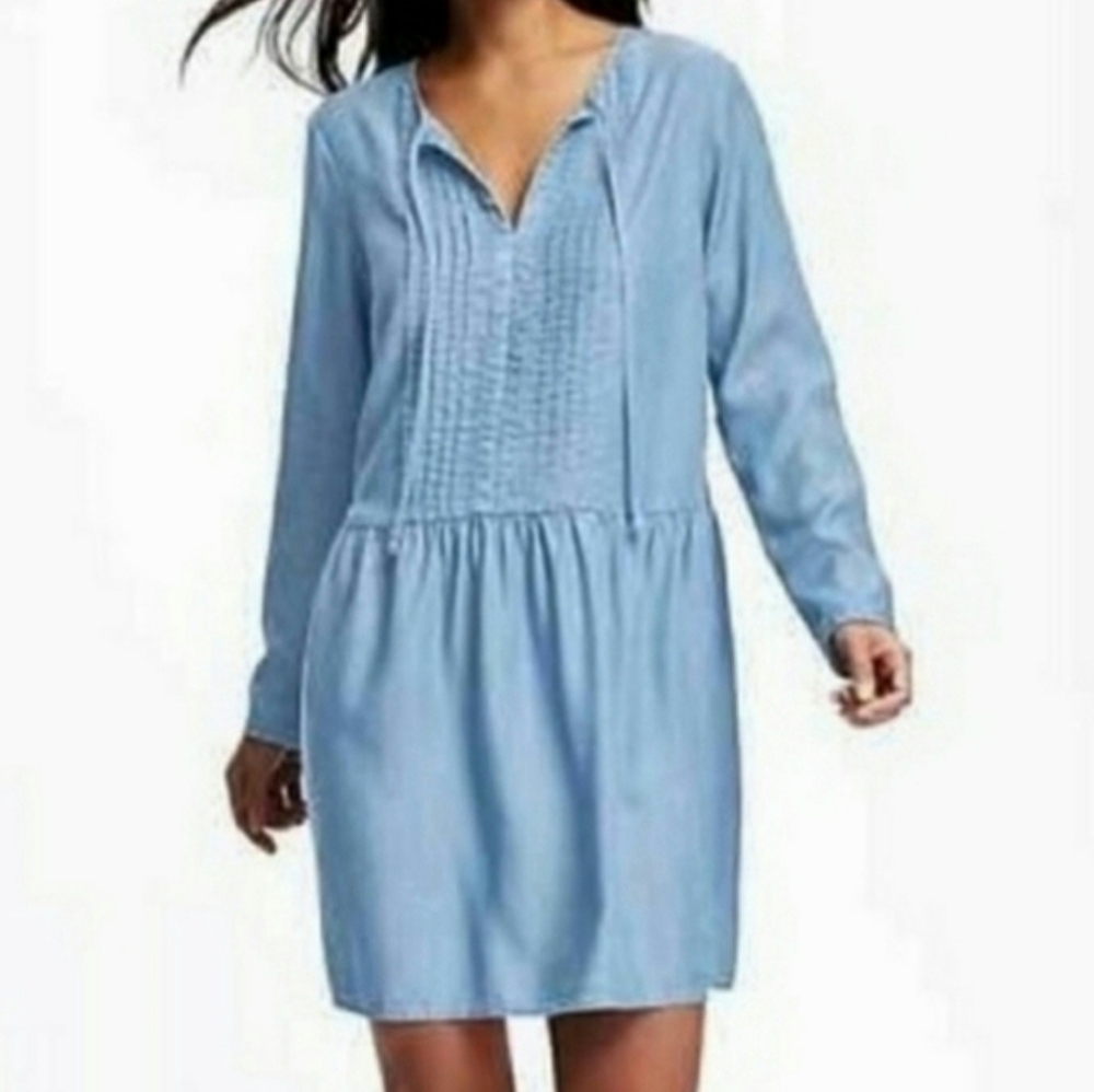 NWT Old Navy Chambray Blue Lyocell Long Sleeve Pleated Top Tie Neck Dress XL